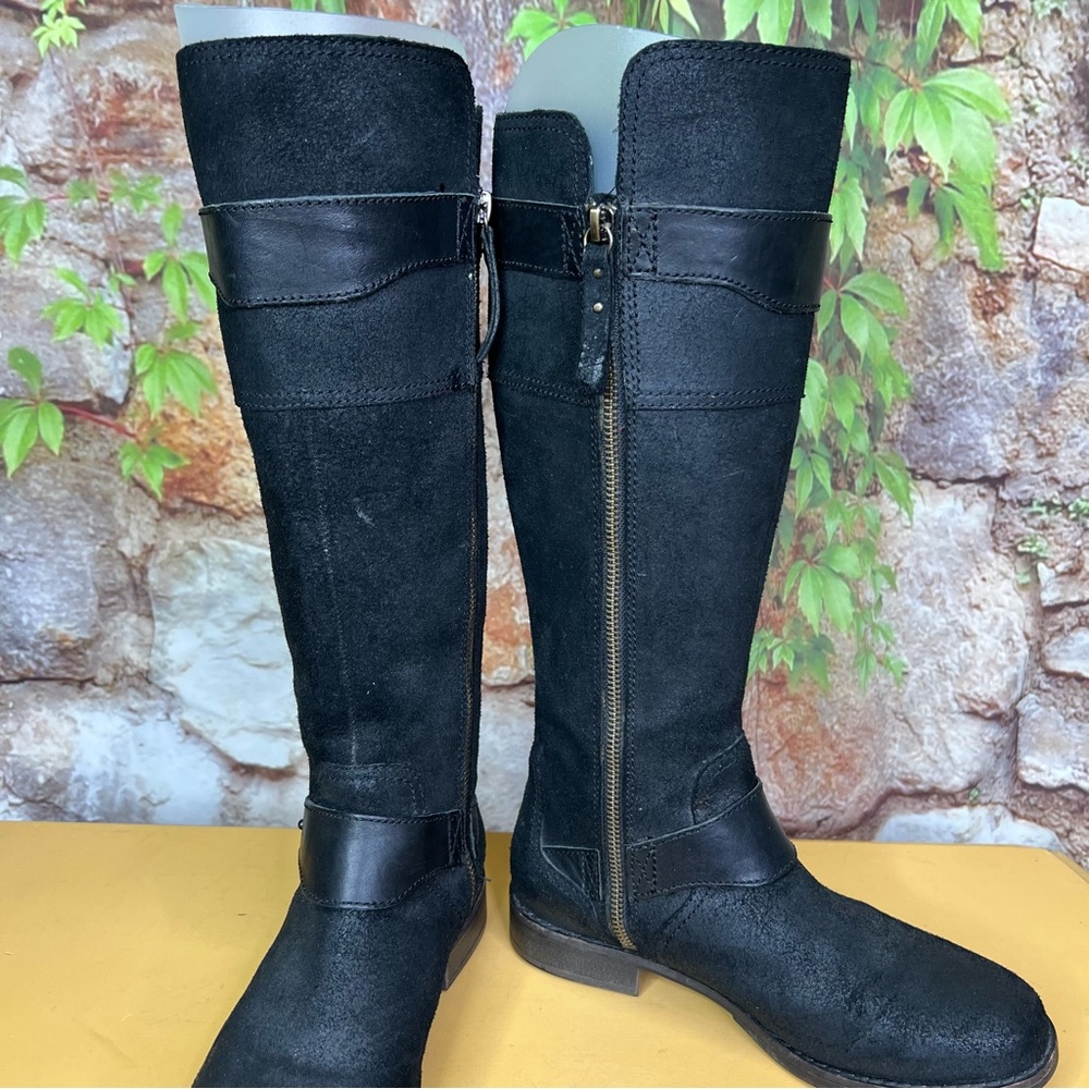 UGG Black Leather and Suede Shearling Sole Moto Style Zip Riding Boots, 6.5 - Picture 7 of 13